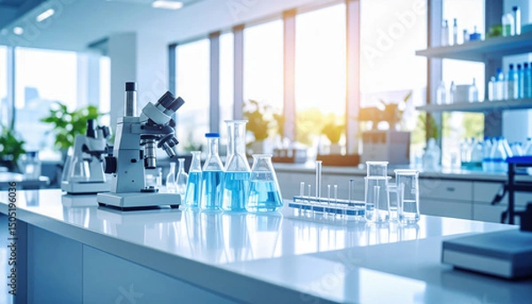 Fototapeta Laboratory research equipment with microscope and glassware filled with blue liquid on white table in bright modern lab