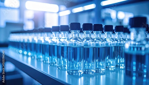 Fototapeta Clear glass bottles with black caps are lined up on table in bright lab setting showing research equipment for scientific study and analysis