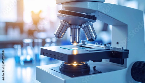 Fototapeta Microscope equipment used for research in laboratory setting with bright light and scientific tools focused on detailed analysis