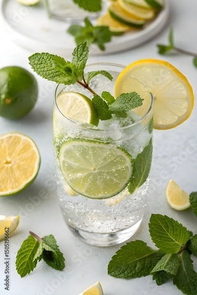 Fototapeta Glass of Cold Lemon and Mint Infused Water with Lime Slices – Refreshing Beverage on White Background