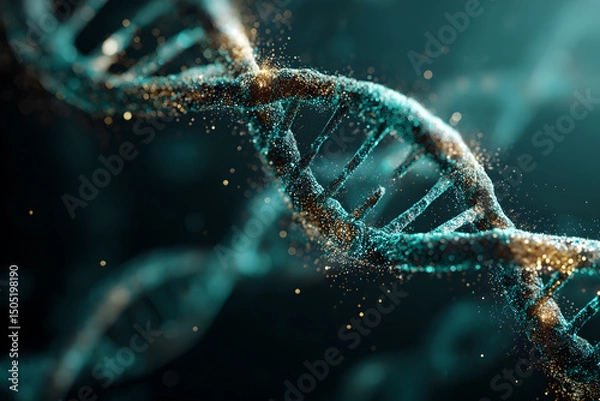 Fototapeta Close up of a dna strand with teal and gold particles against a dark blue green background