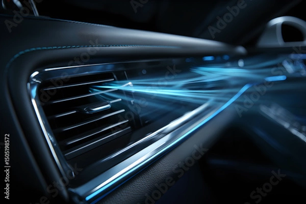 Fototapeta Close up of car interior vent with blue light streams blowing through the air conditioning system