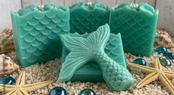 Obraz A bar of soap with a mermaid scale pattern in a green and blue gradient, resting on a bed of crushed shells