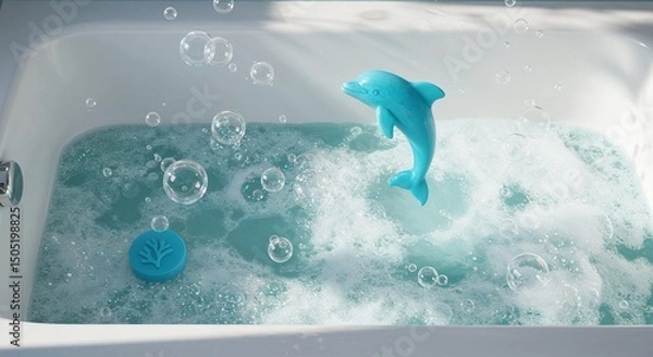 Fototapeta A soap shaped like a dolphin jumping through bubbles, viewed from above in a bathtub 