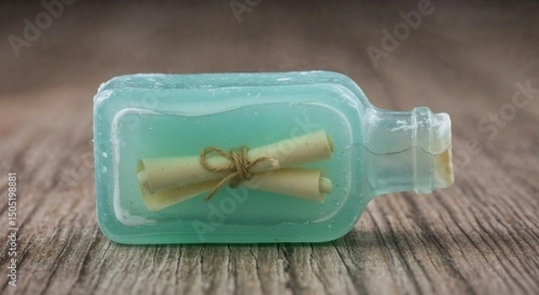 Obraz A bar of soap that mimics a message in a bottle, with a paper scroll embedded in clear soap