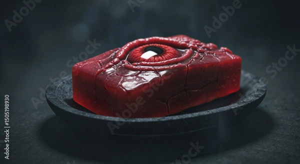 Obraz A kraken eye shaped soap, dark red glossy center with cracked edges, on a black stone tray