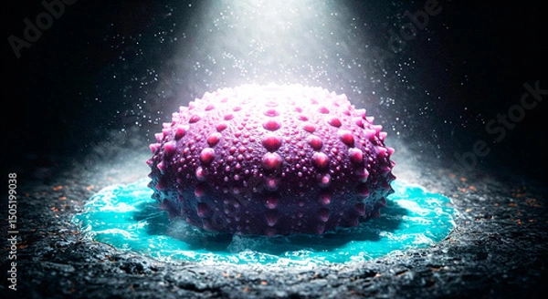 Obraz Sea urchin-inspired soap with pointed texture, deep purple color, placed on volcanic rock