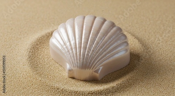 Obraz Shell-shaped soap placed on sandy surface for decorative purposes  