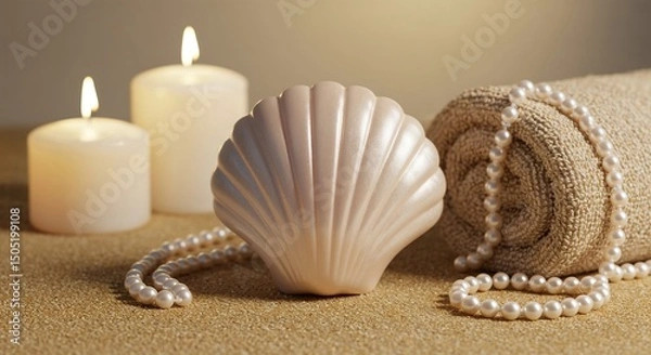 Fototapeta Shell-shaped soap with iridescent pearl finish, resting on a hand-towel resembling sand