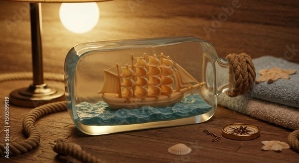 Obraz A soap carved into a ship in a bottle, inside a clear mold, on a wooden counter in a bathroom