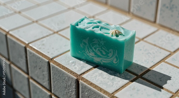 Obraz Sea glass soap bar with decorative design on tiled background  