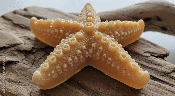 Fototapeta Starfish-shaped soap with rough, barnacle-like texture, sitting atop a driftwood slab