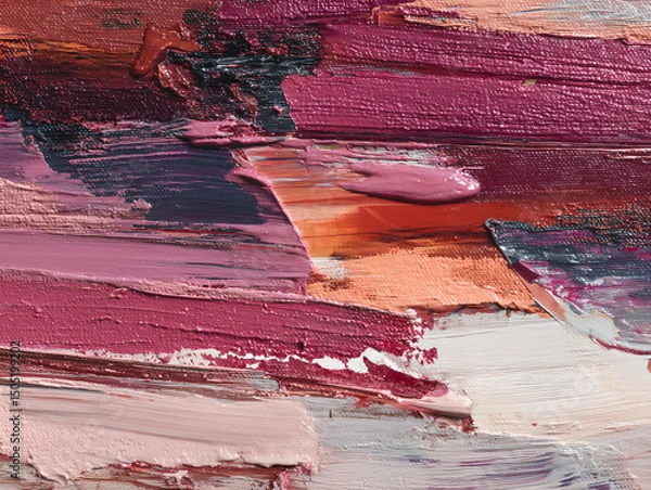 Fototapeta Close up of thick brushstrokes of pinks reds oranges and white oil paint on a textured canvas surface