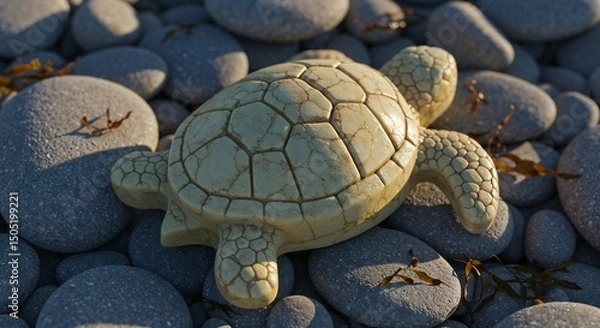 Obraz Turtle-shaped soap resting on smooth pebbles by the beach  