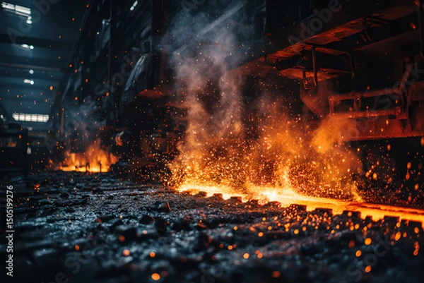 Fototapeta Molten metal glowing with sparks and smoke in a dark industrial setting with heavy machinery