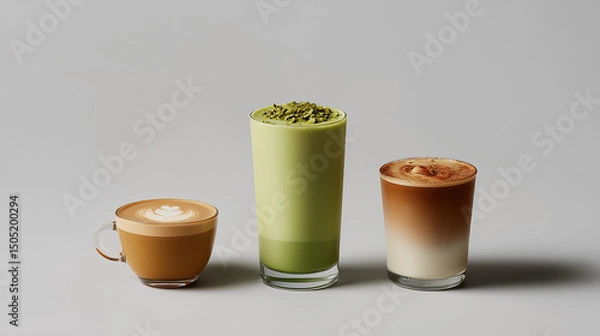 Fototapeta Three stylish coffee beverages matcha latte, flat white, and macchiato neatly arranged on a minimal grey background with clean lighting.