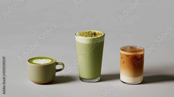 Obraz Three stylish coffee beverages matcha latte, flat white, and macchiato neatly arranged on a minimal grey background with clean lighting.