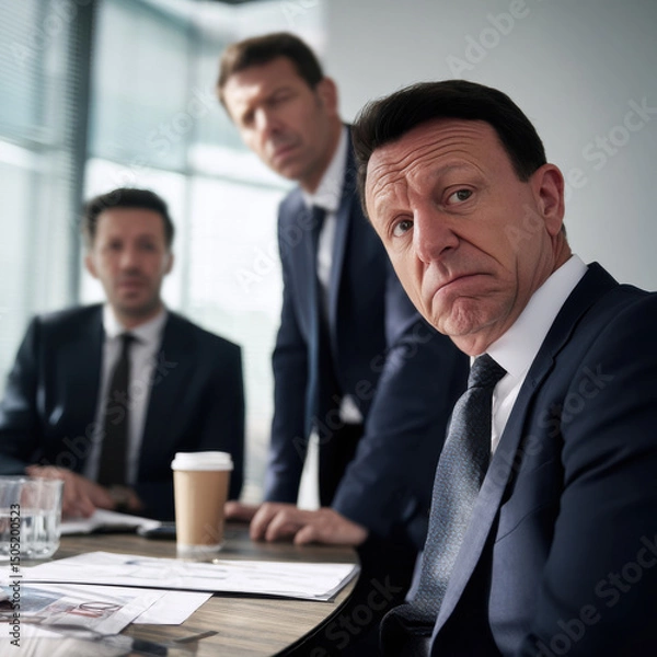 Fototapeta A man in a suit is sitting at a table with two other men