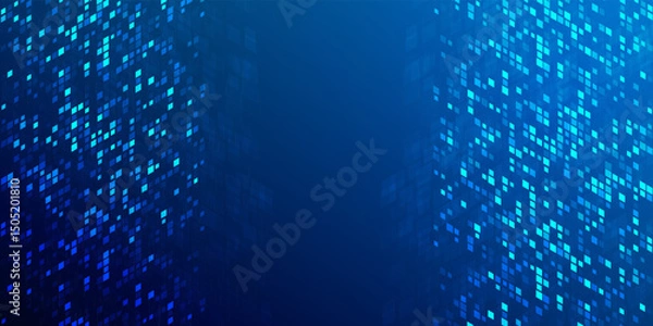 Fototapeta Tech ai blue web banner. Innovation digital city technology background. Future neon particle light buildings vector. Futuristic intelligence high technological design banner.