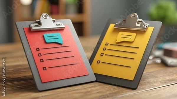 Obraz Employee engagement survey icon concept featuring a clipboard with a speech bubble signifying feedback and communication