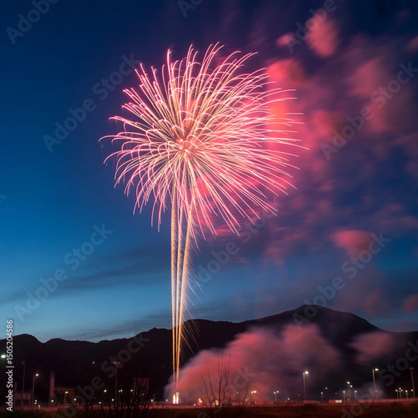 Obraz Stunning pink fireworks display over mountains at night