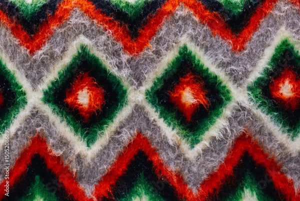Fototapeta A colorful fabric presents a repeating geometric design with vibrant patterns and textures, rich colors, and depth. Ukrainian textile. Woolen carpet.