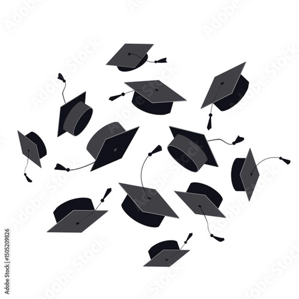 Fototapeta Cloud of black graduation caps with tassels floating in the air on a white background. Graduation ceremony design element. Vector illustration.