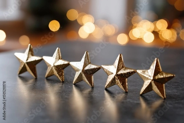 Fototapeta A row of five gold stars are sitting on a black surface