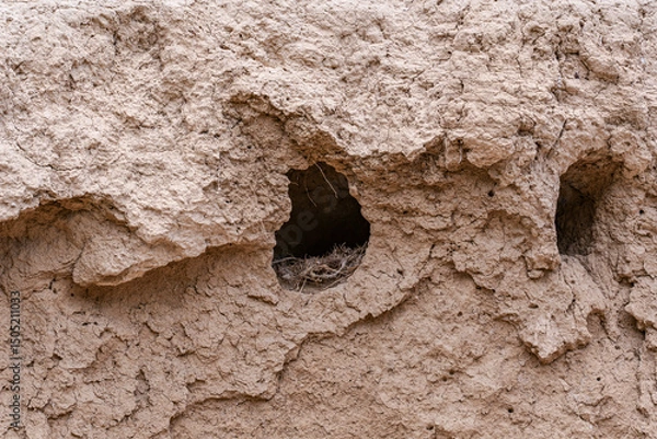 Fototapeta Two bird nests in the form of two burrows are dug in a steep sandy rock for the safety of offspring and lined with dry grass and down. They look like the eyes of an owl.