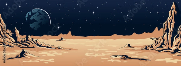 Fototapeta Alien Planet Landscape - Vector Sci-Fi Desert Background with Stars and Craters. Rocky terrain, distant mountains, star-filled night sky. Celestial body rises in the background.