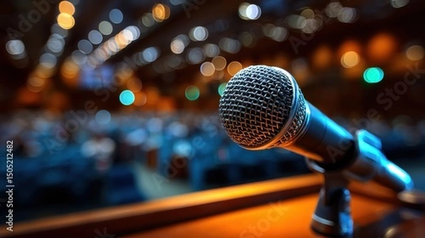 Fototapeta A microphone is on a stand in front of a crowd