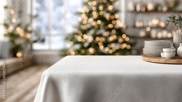 Fototapeta A white tablecloth sits in front of a Christmas tree