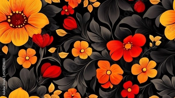 Fototapeta Classic Khokhloma seamless texture with floral curls and berries, perfect for folk-themed design and craft-based visuals.