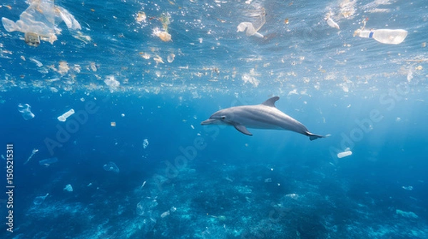 Fototapeta 海中に漂うごみとイルカ
