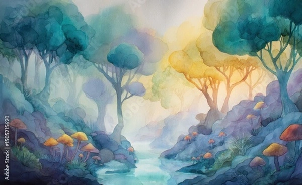 Fototapeta A painting of a forest with a river running through it