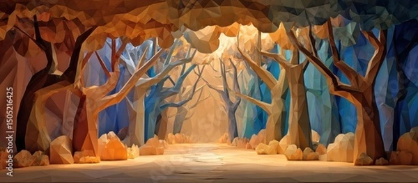 Fototapeta A forest scene with trees of different colors and sizes