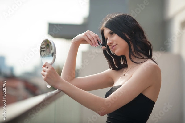 Obraz A young woman in a strapless dress applies makeup on her face with a brush while looking in a small round mirror. She is on a rooftop, presumably in a city during daytime