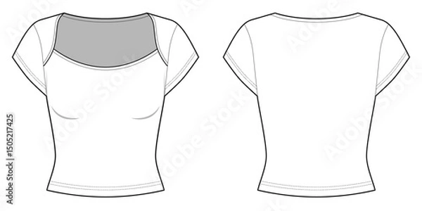 Fototapeta Short Sleeve Sweetheart Neckline T-shirt- Front and Back View- Flat Vector Illustration