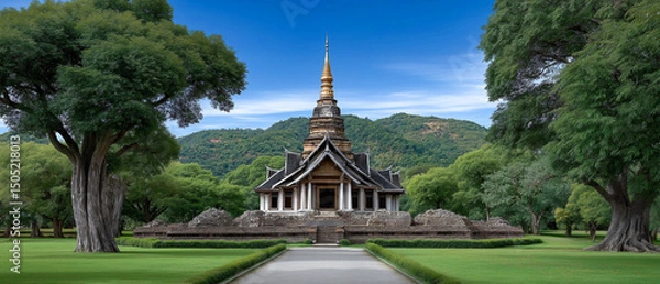 Obraz Serene Temple: A picturesque temple stands gracefully, framed by vibrant greenery against a backdrop of a clear, sunlit sky, inviting contemplation and admiration. 