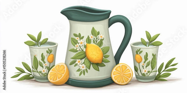 Obraz Summer Refreshment: A delightful composition features a decorative pitcher and glasses, adorned with a fresh lemon theme.