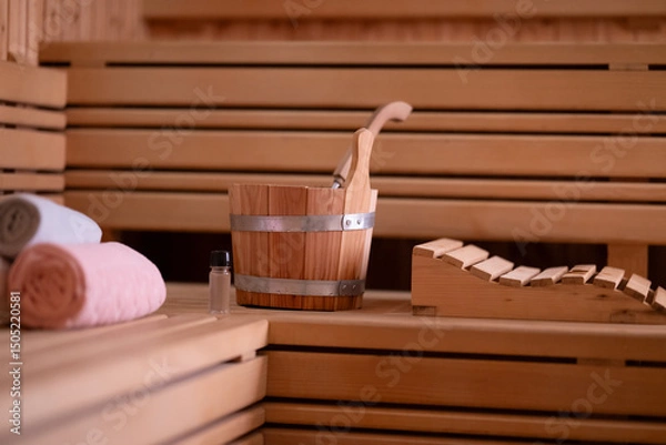 Fototapeta Sauna Bucket and Towels Close Up.Detailed close up of sauna bucket with ladle and essential oils next to rolled towels on wooden bench inside sauna.