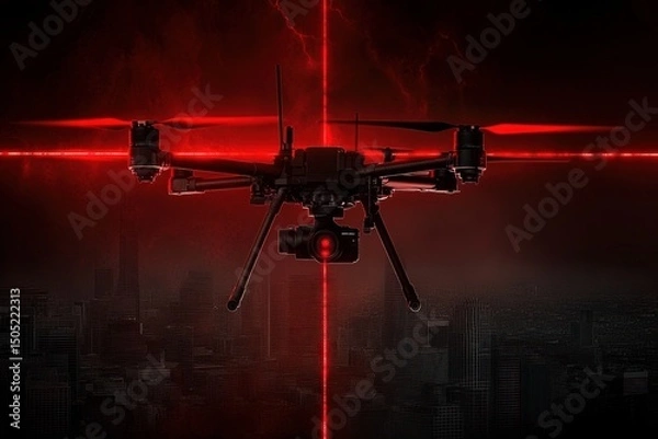 Obraz Dark surveillance drone with red laser scanning over futuristic city