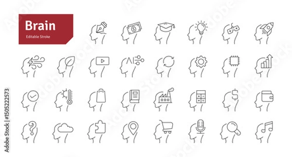 Obraz Thinking Brain Icons Set. Ideas, Intelligence, Ai, Knowledge, Learning, Neuron, Creativity, Inspiration, Brainstorm, Mindset Icons Editable Stroke Vector Illustration