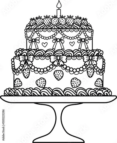 Obraz Line art drawing bow ribbons around two tier Birthday cake with strawberries decoration, clipart coquette aesthetic for design element or coloring page with editable strokes . Vector illustration.	