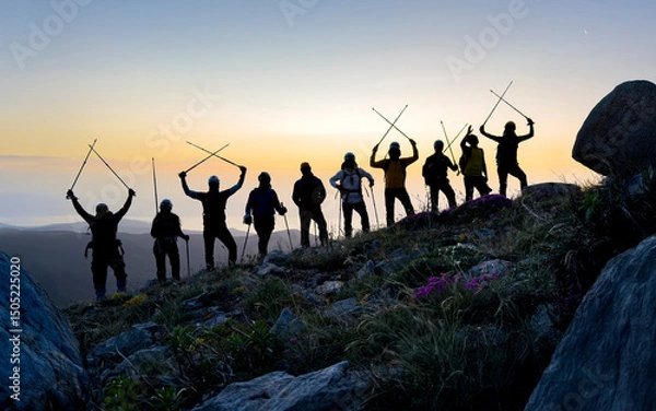 Fototapeta silhouette of a large group of climbers posing for a souvenir pose at the summit