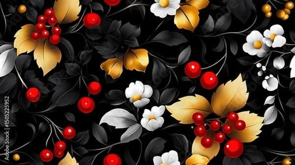 Obraz Khokhloma-style pattern with stylized folk motifs and swirling leaves, perfect for authentic textile prints and traditional surface design.