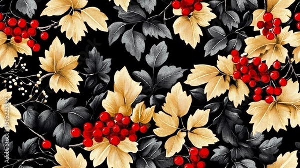 Obraz Khokhloma-style pattern with stylized folk motifs and swirling leaves, perfect for authentic textile prints and traditional surface design.