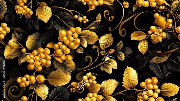 Obraz Khokhloma-style pattern with stylized folk motifs and swirling leaves, perfect for authentic textile prints and traditional surface design.