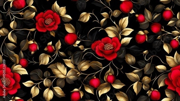 Obraz Khokhloma-style pattern with stylized folk motifs and swirling leaves, perfect for authentic textile prints and traditional surface design.