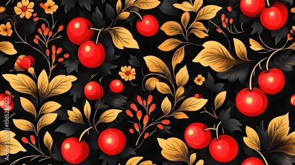 Obraz Khokhloma-style pattern with stylized folk motifs and swirling leaves, perfect for authentic textile prints and traditional surface design.